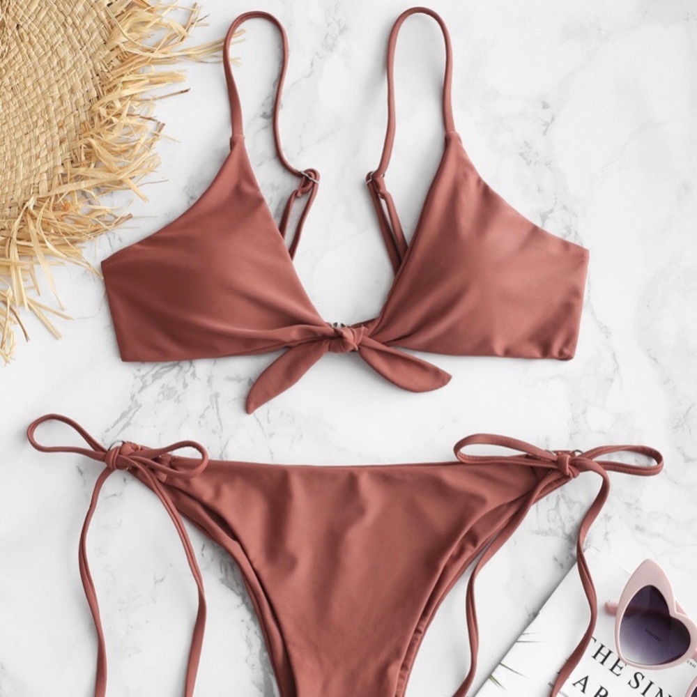 Zaful Knotted String Bikini Set- Lipstick Pink